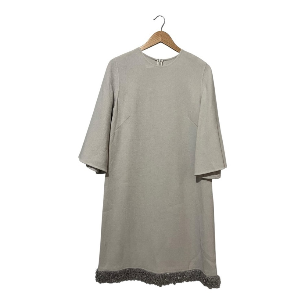 Les Copains Shift Dress Size 46 Virgin Wool Grey Modest 3/4 Bell Sleeves